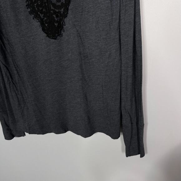 Theory Womens M Gray Black Lace Applique VNeck Long Sleeve Top Pima Cotton Modal - Picture 4 of 9